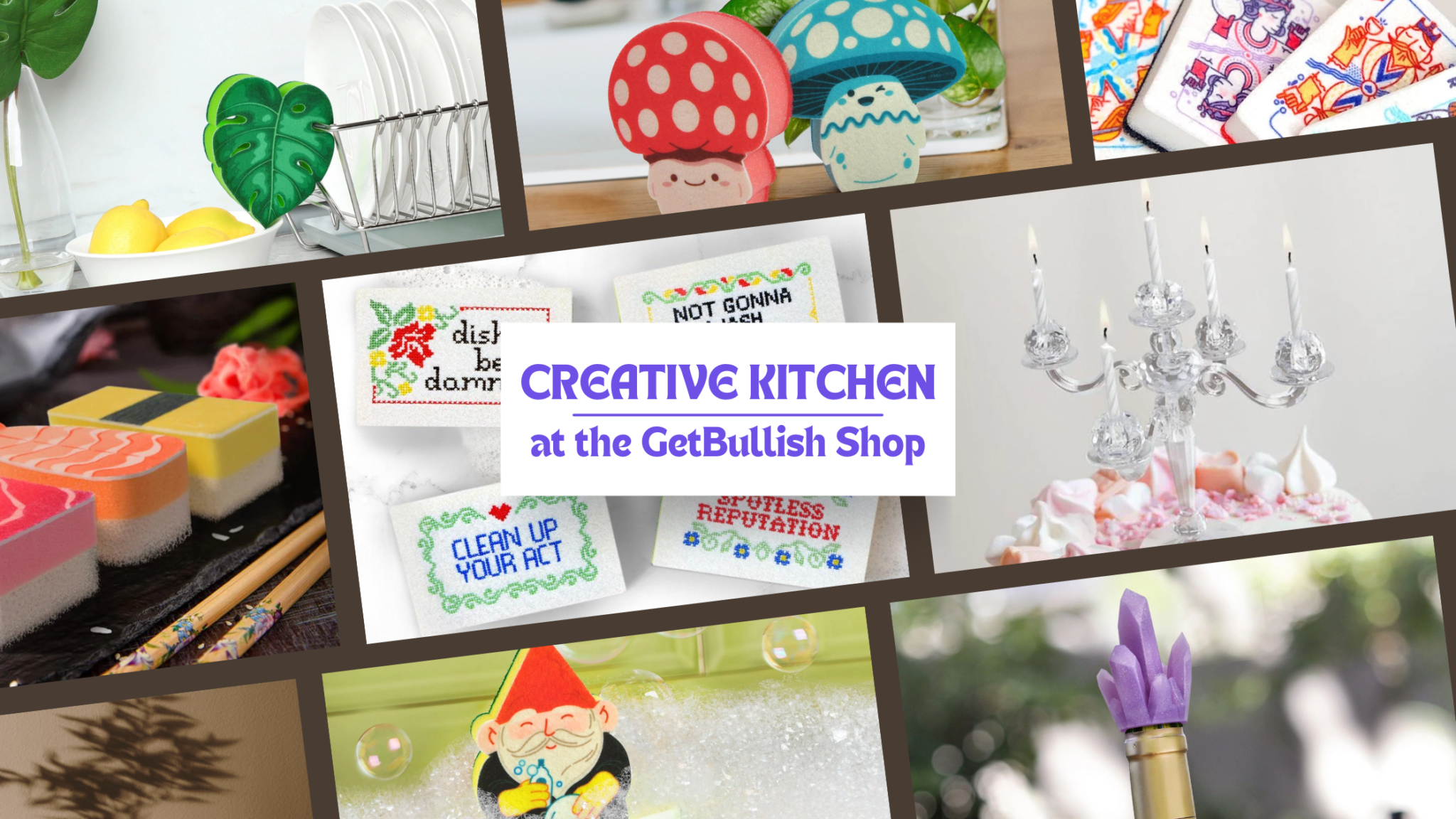 Funny kitchen sponges and birthday items on the GetBullish store